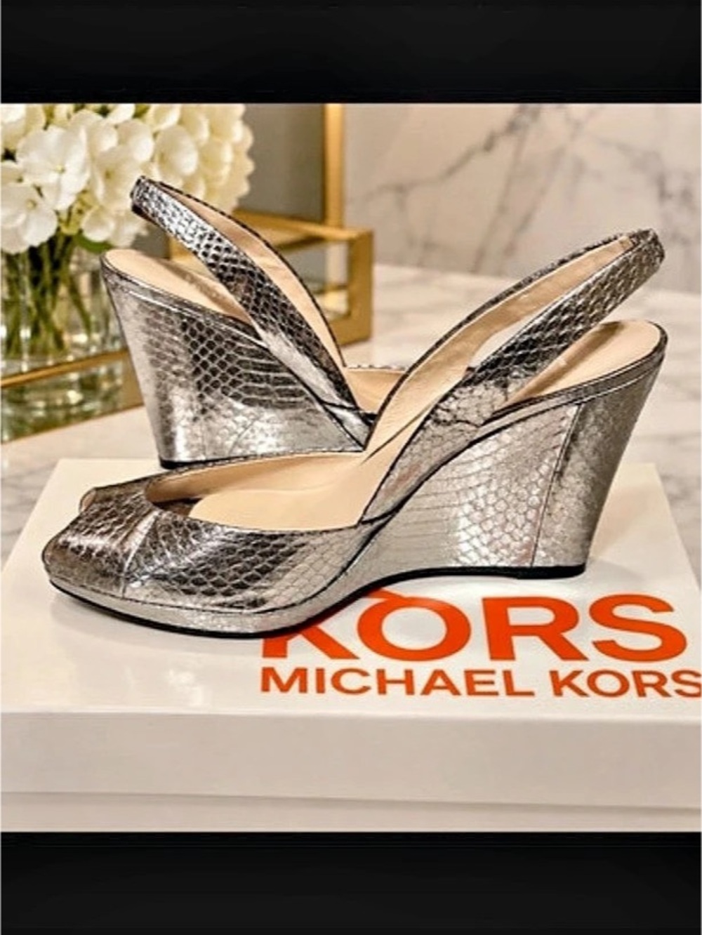 Michael Kors Snake Print Wedge Heels metallic silver